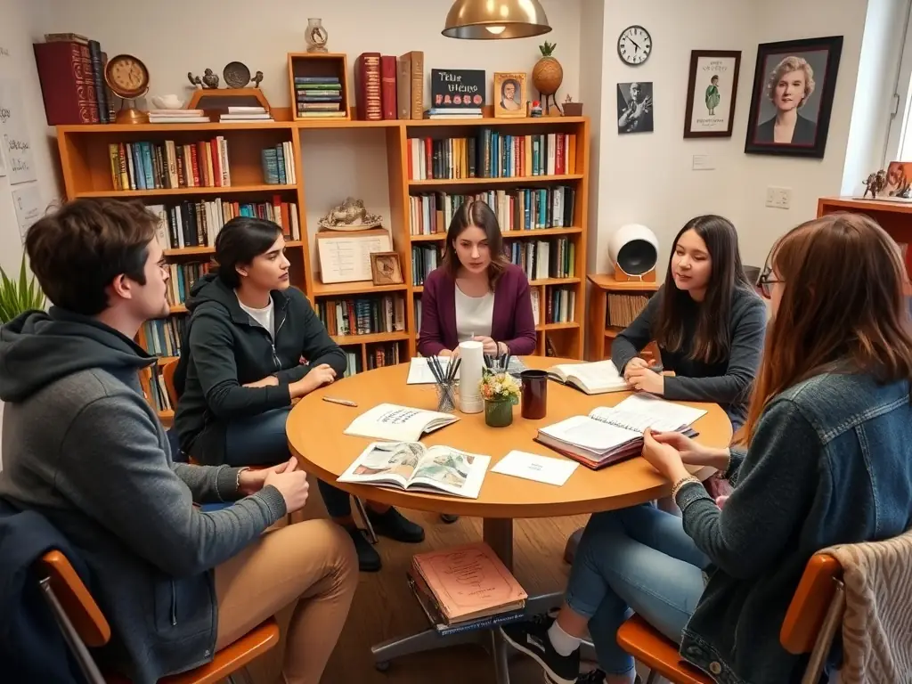 A photograph of adults attending a French language class at MJC, focusing on conversational skills and cultural immersion.