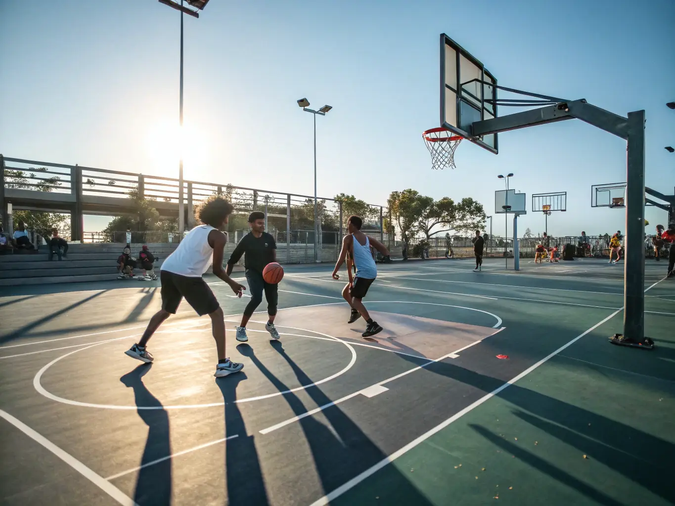 A dynamic image of a group of teenagers engaged in a sports activity at MJC, such as basketball or volleyball, with energetic movements and teamwork, set in a gymnasium or outdoor sports field.