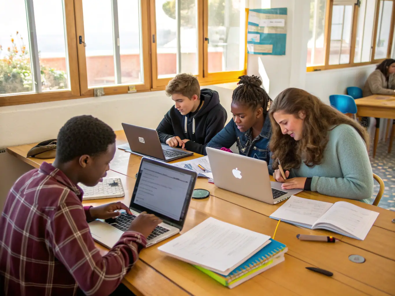 A focused image of adults participating in an educational workshop at MJC, such as a computer skills class or a language learning session, with attentive expressions and collaborative learning, set in a classroom or meeting room.