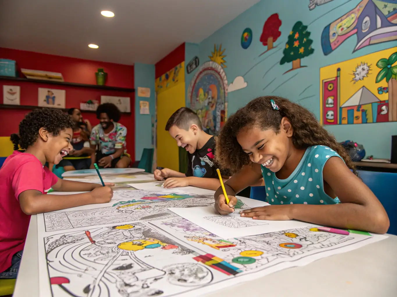 A vibrant image showcasing children participating in an arts and crafts session at MJC, with colorful drawings and happy expressions, set in a well-lit and cheerful environment.